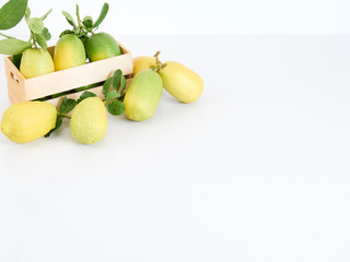 Lemon with leaves in wooden box