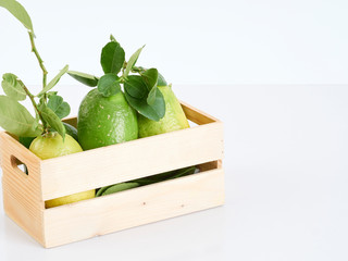 Lemon with leaves in wooden box