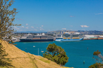 Naklejka na ściany i meble View on harbor and cruise ship terminal of Tauranga city on northern island of New Zealand in summer