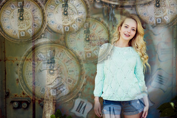 Young blond woman and time