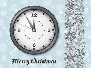 Naklejka na ściany i meble Merry Christmas background with shiny snowflakes, silver balls, clock and grey colored tinsel and streamer. Greeting card and Xmas template. Five minutes to midnight