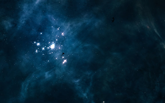 A blue star cluster somewhere in deep space. Science fiction. Elements of this image furnished by NASA
