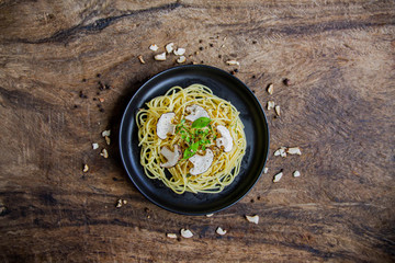 Black Pepper Spaghetti, Champignon Mushrooms, Fusion, Italian and Thai Food Conceptual ideas for creating healthy food