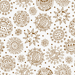 Vector Seamless pattern with doodle Ethnic Suns and Stars