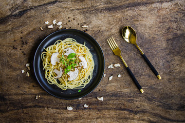 Black Pepper Spaghetti, Champignon Mushrooms, Fusion, Italian and Thai Food Conceptual ideas for creating healthy food