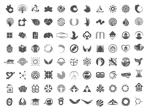 Misc icon set. Flat monochrome simple, grey silhouette logo template. Modern emblem idea. Concept design for business. Isolated vector illustration on white background.