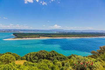View from Mount Mainganui to Matakana Island on northern island of New Zealand in summer