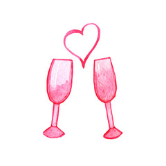 Hand drawn pink watercolor glasses with heart isolated on white background. Best for banners, wedding, adc, Valentines day