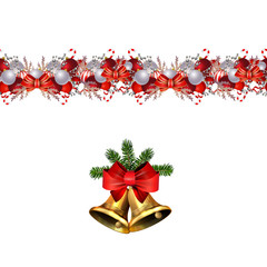 Christmas decorations with fir tree and decorations seamless border
