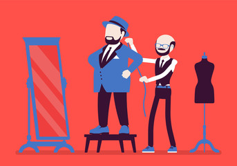 Business male suit fitting with tailor. Adult round body type man selecting a formal jacket at mirror, male seamstress pinning session for taking measurements. Vector illustration, faceless characters