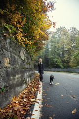 Obraz premium Girl walks with a dog in the autumn forest