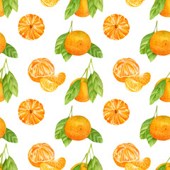 Watercolor tangerine seamless pattern. Hand drawn botanical illustration of peeled mandarins, citrus fruits with leaves and slices isolated on white background for design, decoration, package