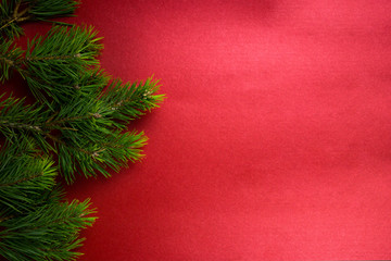 Christmas holidays fir tree branches on red background with copy space for your text