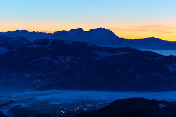Fototapeta na wymiar Saentis mountain at sunset. Alpine landscape with colorful sky. Austria, Switzerland