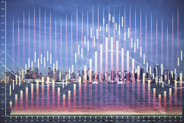 Forex graph on city view with skyscrapers background double exposure. Financial analysis concept.