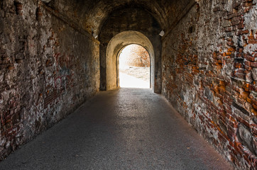 Fototapeta na wymiar Old brick archway as a passage between the two wings of a medieval castle
