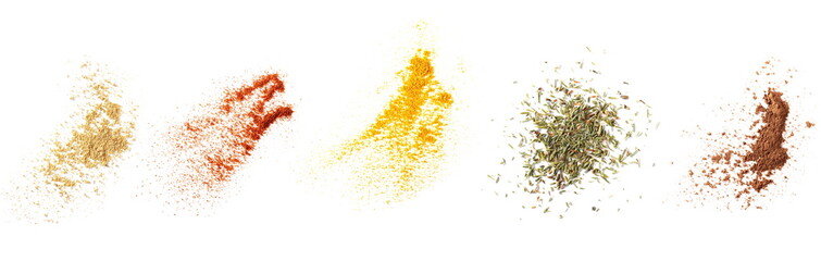 Set ginger, red paprika powder, turmeric, dry thyme pile, cocoa, isolated on white background, top view texture - obrazy, fototapety, plakaty
