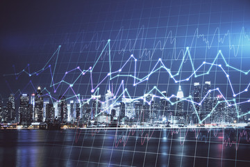 Financial graph on night city scape with tall buildings background multi exposure. Analysis concept.