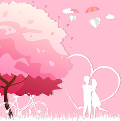 Happy valentines day with happy couple stand in the meadows and bicycle under the tree - Vector illustration.