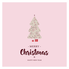 Christmas and New year greeting card design.Golden tree and presents on a pink background.