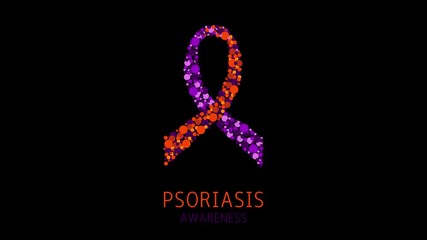 Psoriasis awareness seamless loop animation with alpha channel. Psoriatic arthritis motion graphics of dots forming purple and orange ribbon. Immune disease seen on skin. Medical concept.