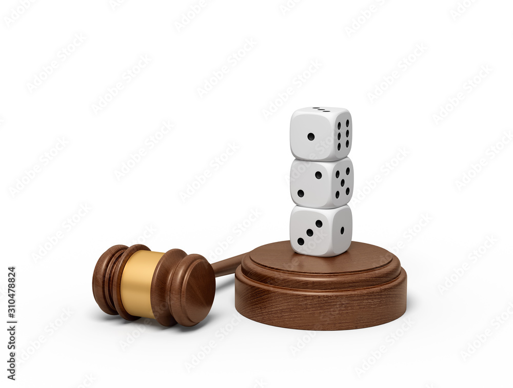 Poster 3d rendering of three white dice standing on top of each other on sounding block with gavel lying be
