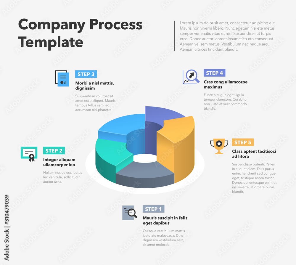 Poster modern business infographic for company process with 3d colorful pie chart and flat icons. easy to u