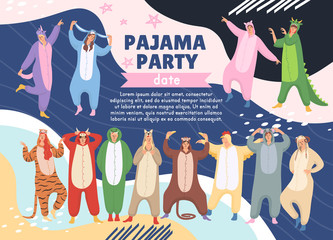 Obraz premium Pajamas party poster on memphis background.women and men are wearing of animals pajamas on Halloween or new Year pajamas party. Suits are from chinese calendar: tiger, monkey, chicken, dragon, pig, 