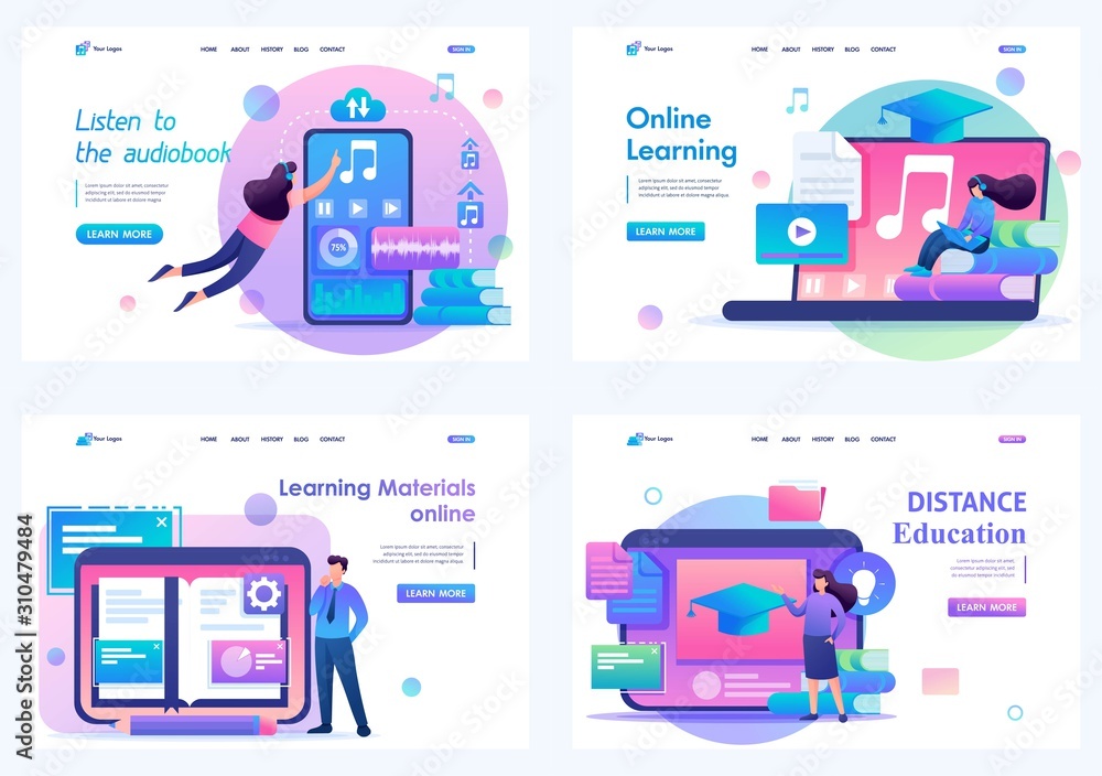 Poster set 2d flat concepts distance learning and self-education. for landing page concepts and web design