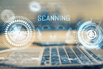Technology theme drawing and table with computer. Double exposure. Concept of information.