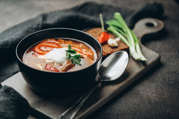 Traditional Ukrainian Russian red soup borscht with ingredients, spice and herbs  in the bowl on a dark background.