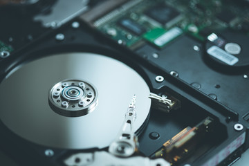 Storage, backup and cloud concept: Close up of hard disk drive
