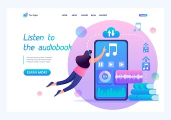 Girl listening to an audiobook online using a smartphone. Flat 2D character. Landing page concepts and web design