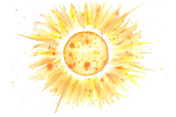 The bright yellow sun with orange spots shines rays. Watercolor hand drawn illustration