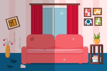 Dirty and clean room. Before and after cleaning. Template for cleaning services. Flat illustration