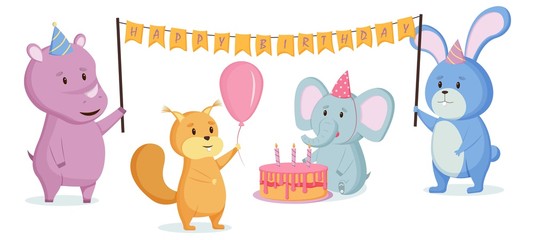 Cute animal characters in Birthday party set. Templates for postcards, napkins, printing on t-shirts, holiday decor. Isolated on white background.