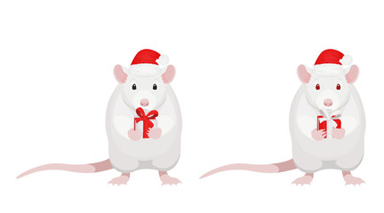 Chinese 2020 new year symbol illustration. White mouse in a red christmas hat holding a giftbox. Isolated on white background. Stock vector.