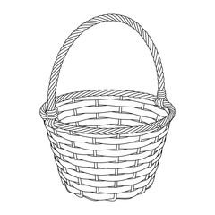 Wicker basket of twigs and bark, black and white vector outline image on a white background
