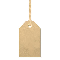 Carton label hanging on a linen thread vector illustration. A realistic and detailed tag tied with linen material string.