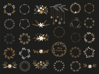Obraz na płótnie Canvas Christmas wreath with black and gold branches and pine cones.Set of round frames, doodle hand drawn decorative wreaths with branches, herbs, plants, leaves and flowers, floral for new year invitations