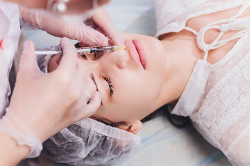 Procedure of lips augmentation with hyaluronic acid injection.