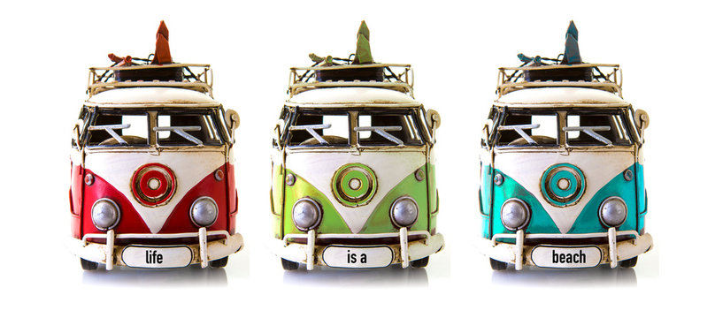 Old Retro Camper Vans on a white Background with Lifes is a Beach number plates