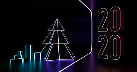 Futuristic new year scene with neon light figures 2020 with and christmas tree. 3d render