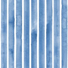 Fotobehang Blauw wit Aquarel blauwe marine strepen op witte achtergrond. Blauw en wit gestreept naadloos patroon
