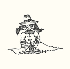 Little girl in mother’s clothes. Graphic black and white isolated illustration is manually drawn. EPS 10 vector.