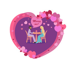 Marry me!  Boyfriend and girlfriend on a romantic date. Color flat isolated vector illustration Valentine's Day.