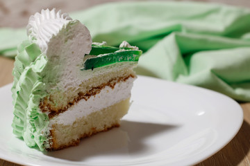 A piece of cake on a white plate