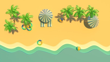 3d rendering, 3d illustrator, of The yellow sandy beach has palm trees and canopy beds.