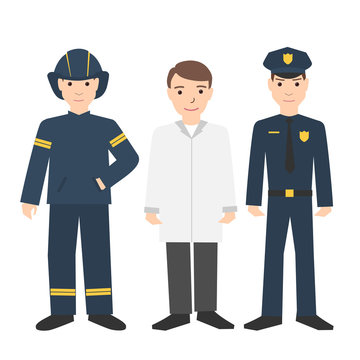 Fireman, Doctor And Policeman. Rescuers. Profession.