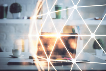 Computer on desktop with social network theme icon. Multi exposure. Concept of international connections.